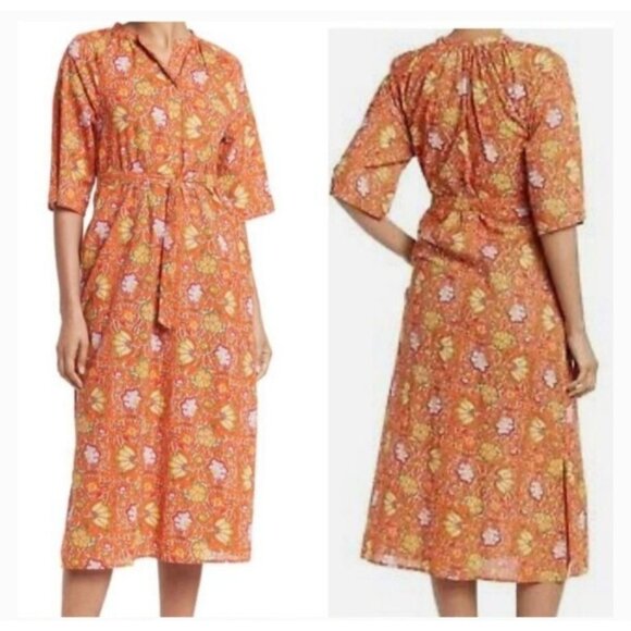 DRA Los Angeles Anthropologie Block Print Shirt Dress Orange Floral Medium - Picture 2 of 11